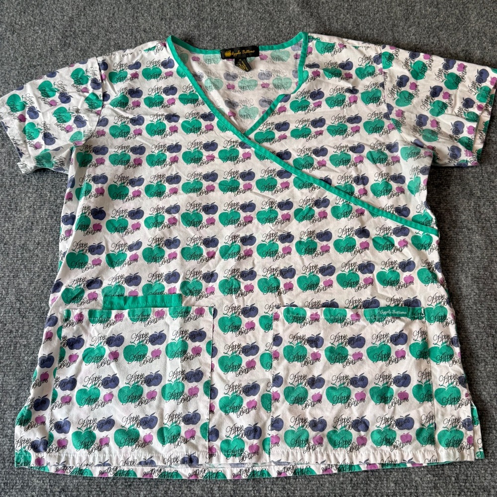 Apple Bottoms Womens XL Scrub Top Mock Wrap V-Neck Apple Logo Print Green Purple